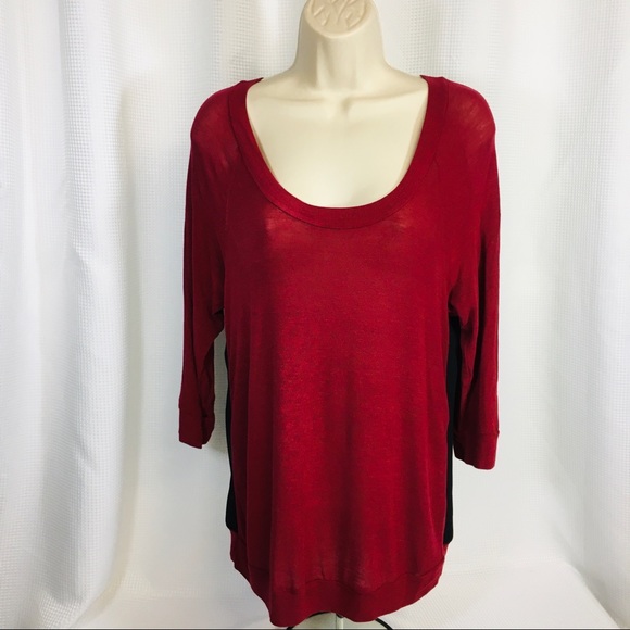 PLEIONE Burgundy Red Front & Black Back Mixed Media Top 3/4 Sleeves - Picture 2 of 9
